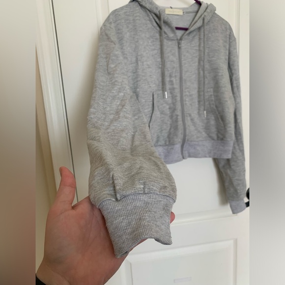 Milanpavilion Zip Up Cropped Grey Drawstring Hoodie Jacket Casual Long Sleeve - Picture 8 of 15
